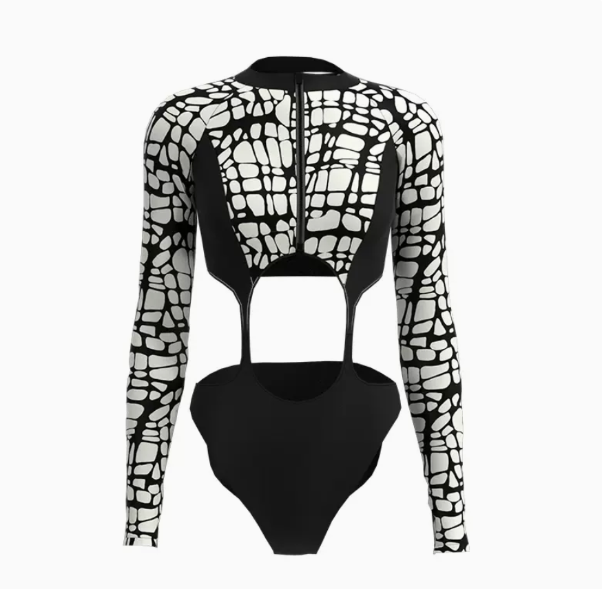 Atlantic Beach Sun Protection One Piece Waistless Swimsuit Black And W