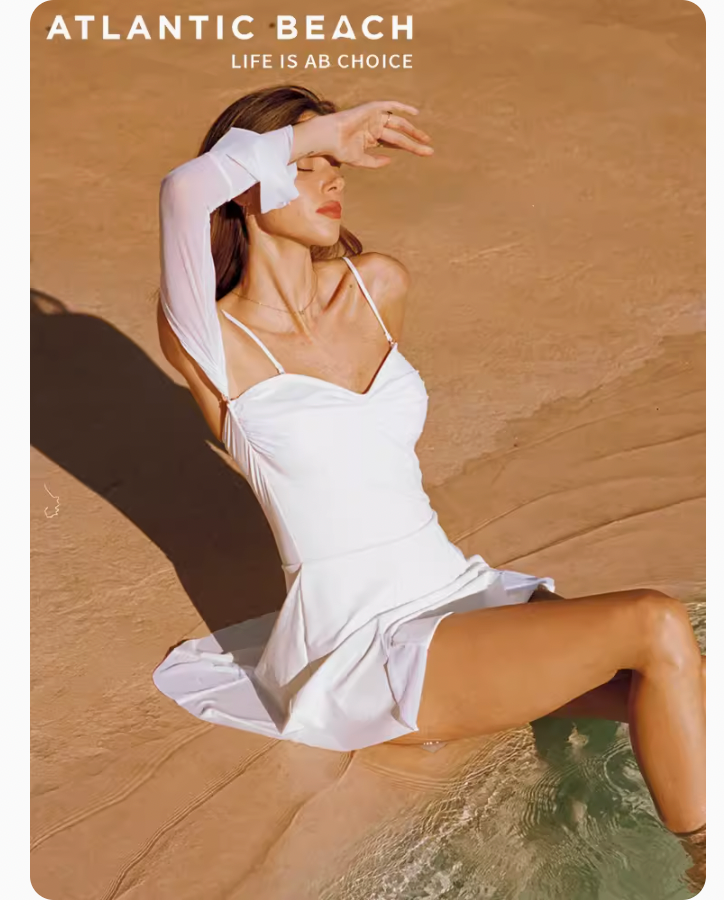 Atlantic Beach One Piece Swimsuit With Skirt White Bathing Suit Long Sleeve 23