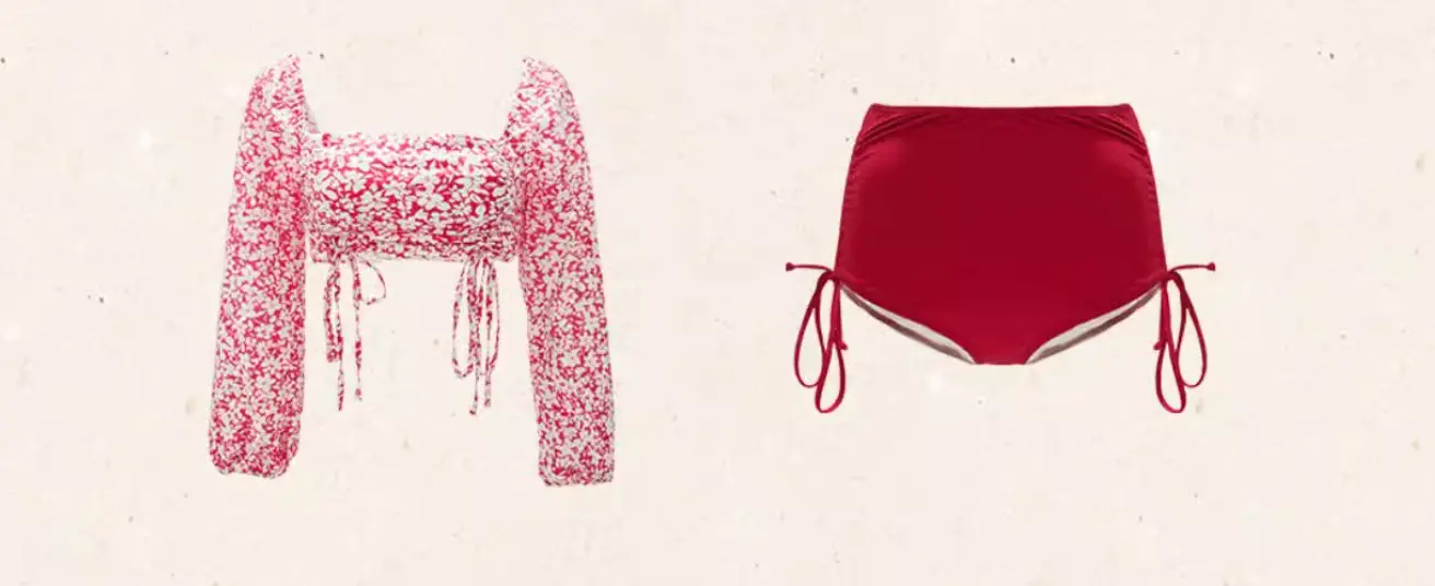Vintage-Inspired Floral Long Sleeve Two-Piece Swimsuit – Red Bloom Set