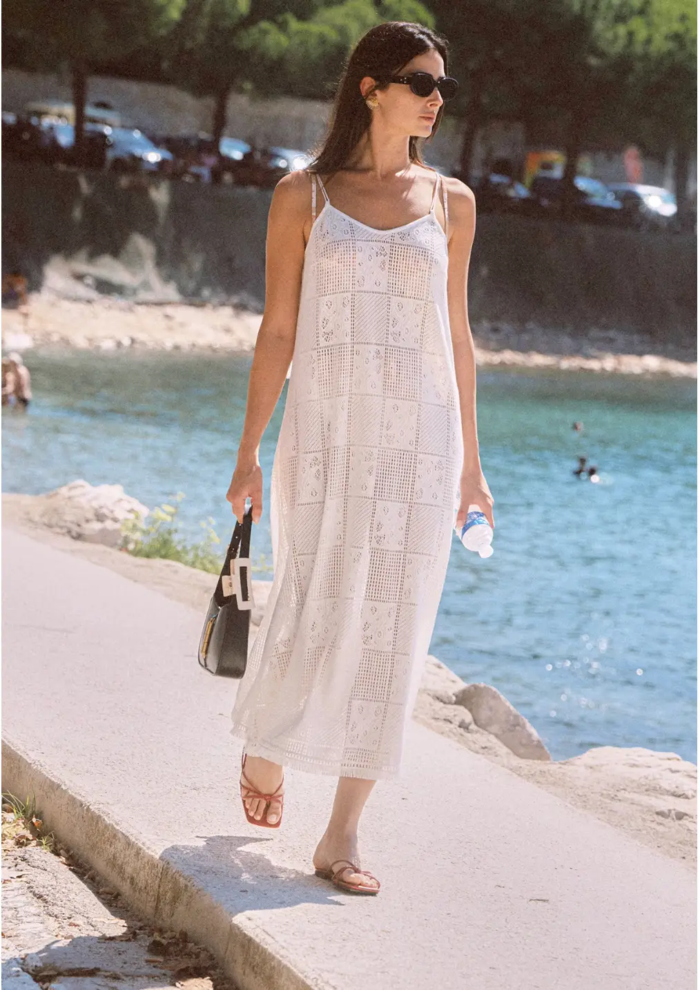 Elegant Crochet Lace Beach Cover-Up Maxi Dress – White