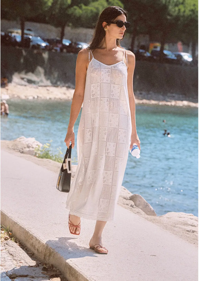 Elegant Crochet Lace Beach Cover-Up Maxi Dress – White