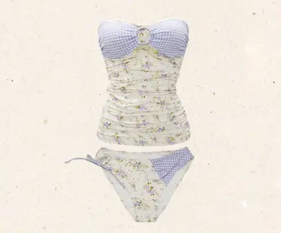 Retro Floral Gingham Two-Piece Swimsuit with Ruched Top & Ring Detail