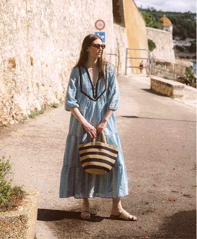 Bohemian Sky Blue Embroidered Maxi Dress with Contrast Trim
