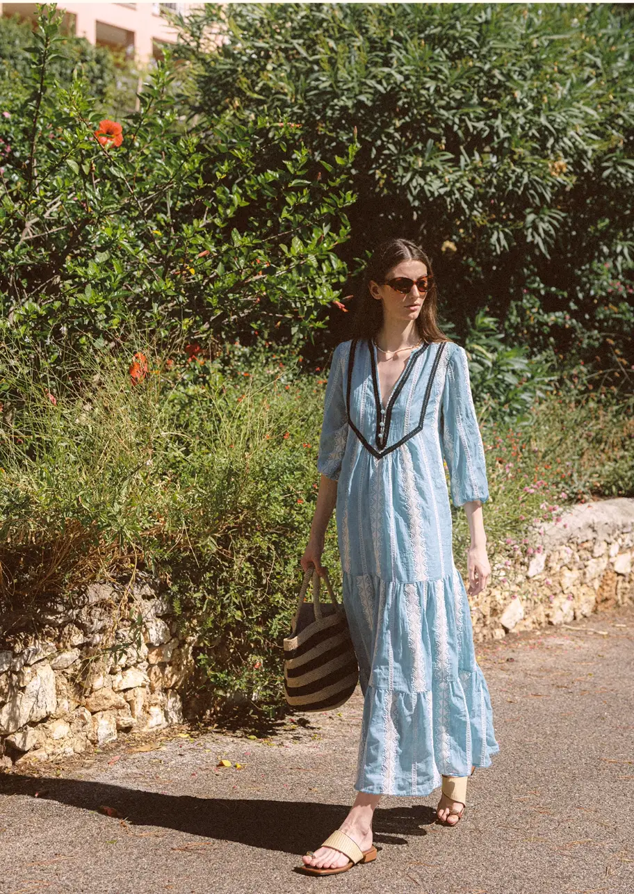 Bohemian Sky Blue Embroidered Maxi Dress with Contrast Trim