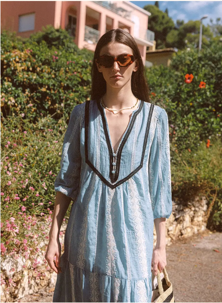 Bohemian Sky Blue Embroidered Maxi Dress with Contrast Trim