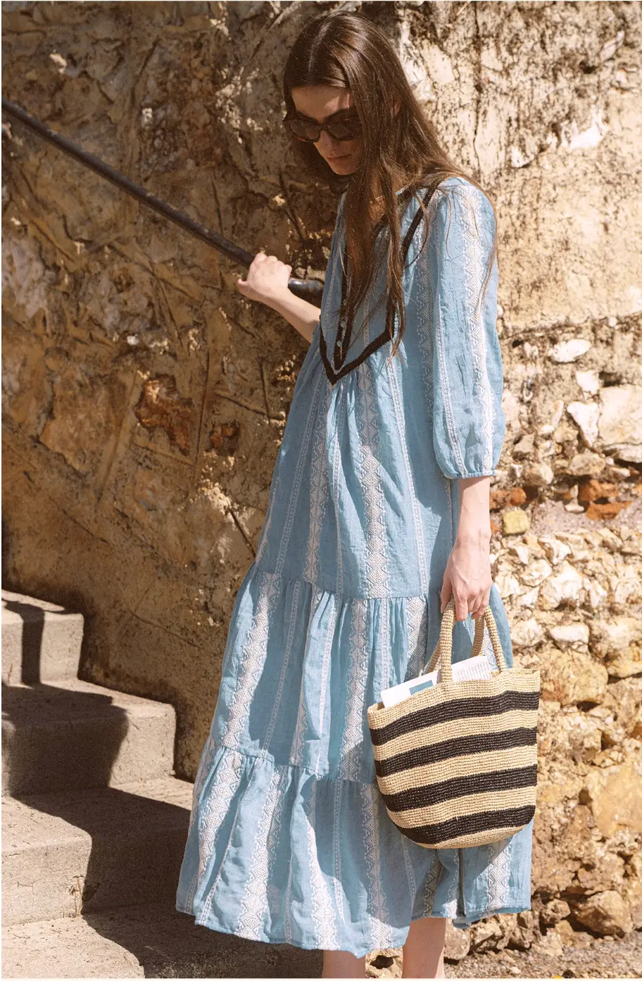 Bohemian Sky Blue Embroidered Maxi Dress with Contrast Trim