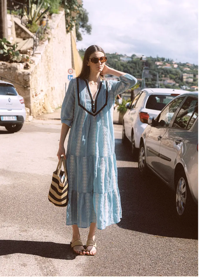Bohemian Sky Blue Embroidered Maxi Dress with Contrast Trim