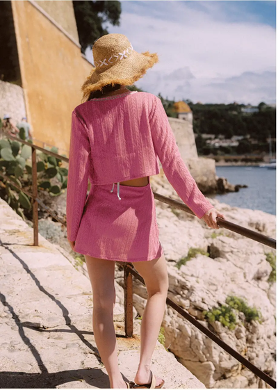 Vintage Pink Knit Swimsuit Cover-Up Set – Two-Piece Lace Trim Cardigan & Mini Dress | Atlantic Beach Swimwear