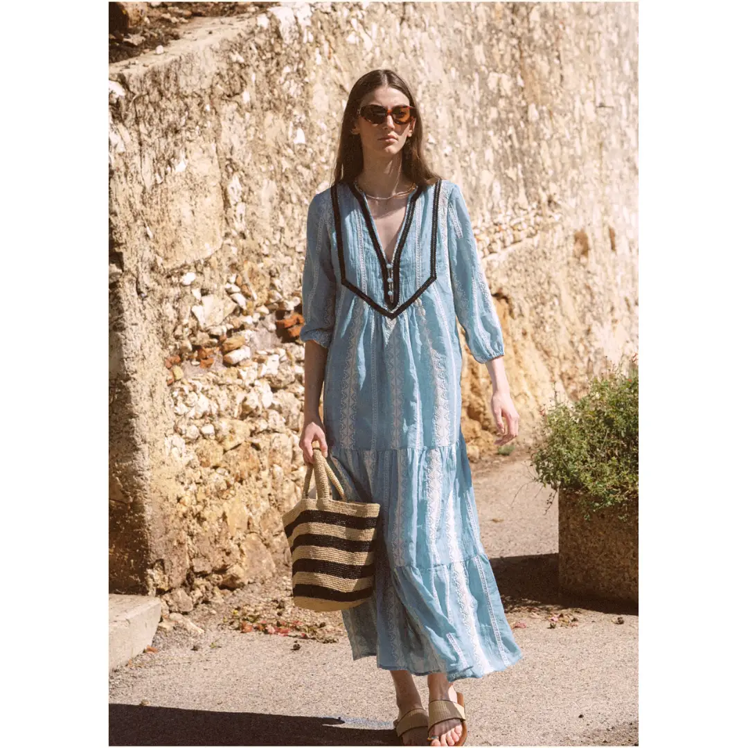 Bohemian Sky Blue Embroidered Maxi Dress with Contrast Trim