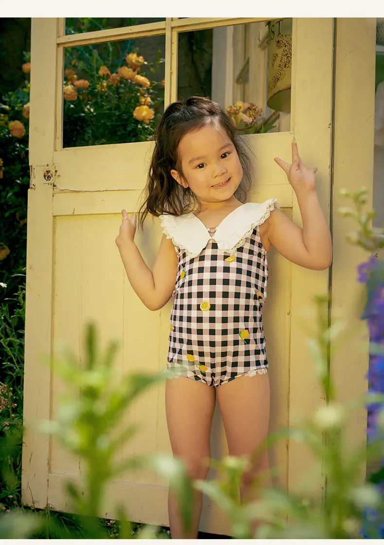 Vintage-Inspired Kids Swimsuit Set – Lemon Checkered & Polka Dot Designs