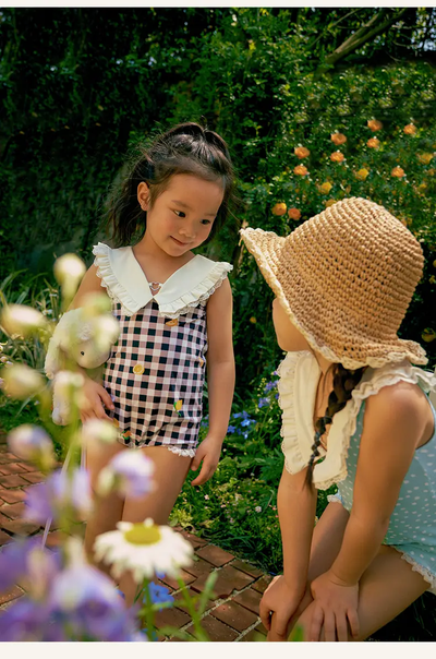 Vintage-Inspired Kids Swimsuit Set – Lemon Checkered & Polka Dot Designs