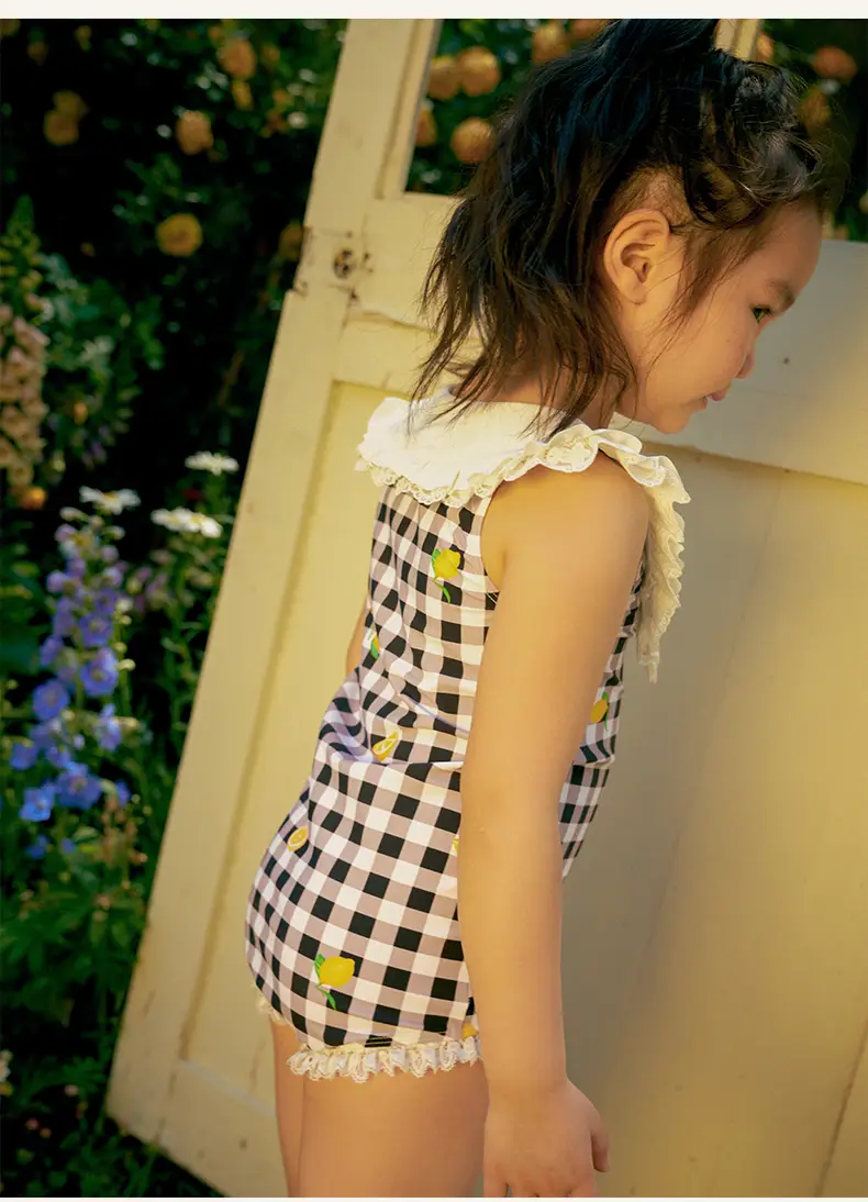 Vintage-Inspired Kids Swimsuit Set – Lemon Checkered & Polka Dot Designs