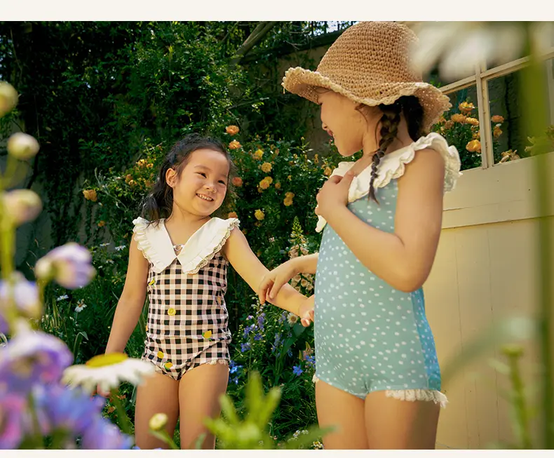 Vintage-Inspired Kids Swimsuit Set – Lemon Checkered & Polka Dot Designs