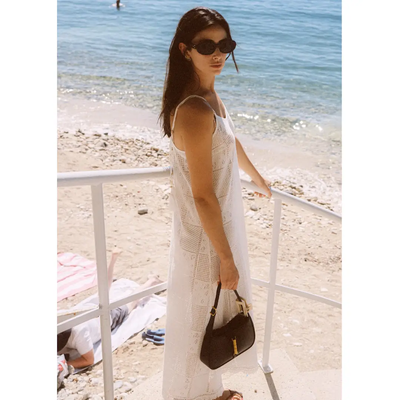 Elegant Crochet Lace Beach Cover-Up Maxi Dress – White