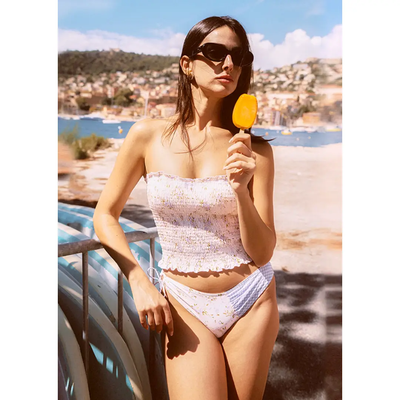Floral Shirred Bandeau Bikini Set with Mixed Print Bottom