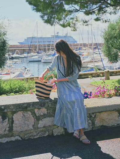 Bohemian Sky Blue Embroidered Maxi Dress with Contrast Trim