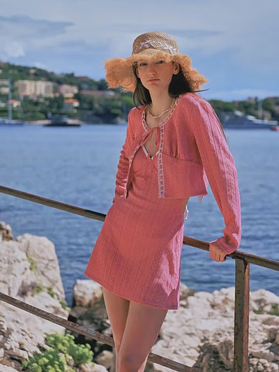 Vintage Pink Knit Swimsuit Cover-Up Set – Two-Piece Lace Trim Cardigan & Mini Dress | Atlantic Beach Swimwear