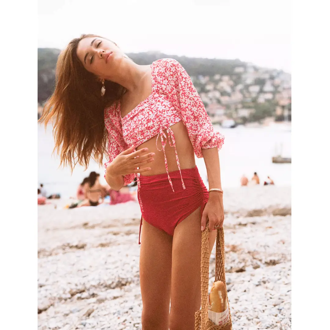 Vintage-Inspired Floral Long Sleeve Two-Piece Swimsuit – Red Bloom Set