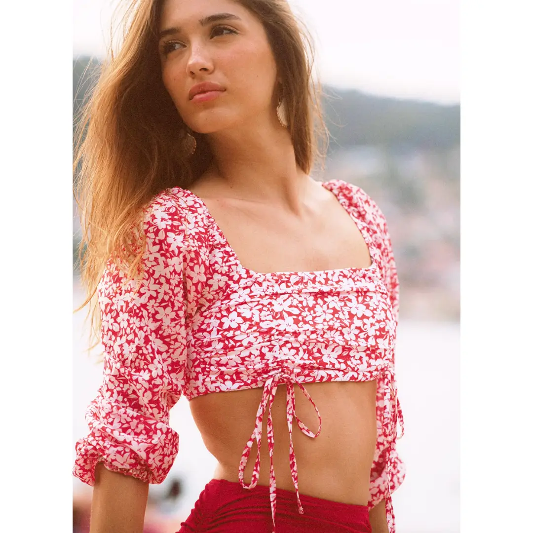 Vintage-Inspired Floral Long Sleeve Two-Piece Swimsuit – Red Bloom Set