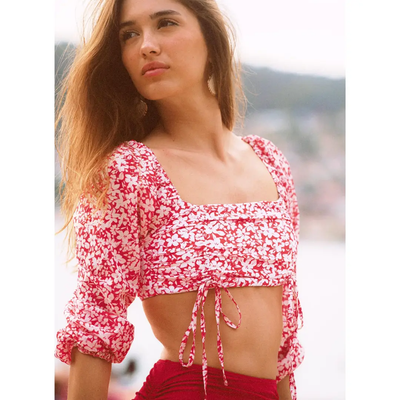 Vintage-Inspired Floral Long Sleeve Two-Piece Swimsuit – Red Bloom Set