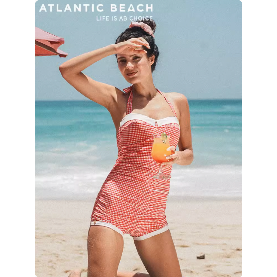 ATLANTIC BEACH CHECKED 1950S HALTER BOWKNOT ONE-PIECE SWIMSUIT