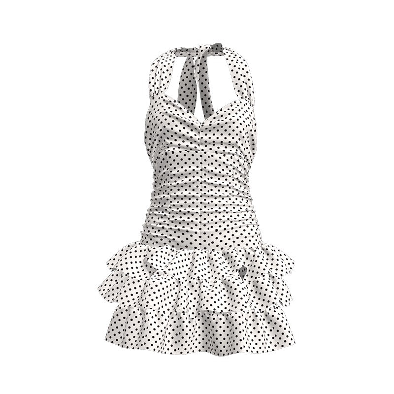 Dot Swimdress One Piece Halter Swimsuit With Skirt Black And White