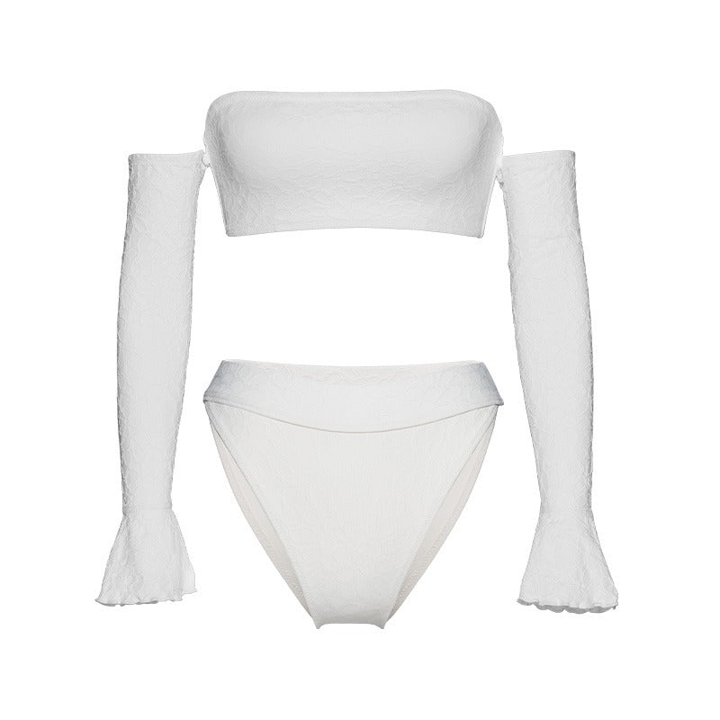 Swimwear Long Sleeve White Bandeau Top Triangle Bikini Bottom Swimsuit