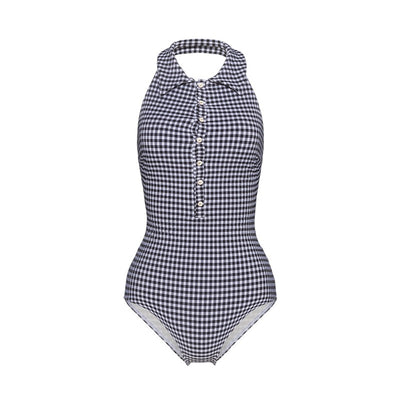 Vintage Style Swimwear | Lace-up Plaid One Piece Halter Swimsuit