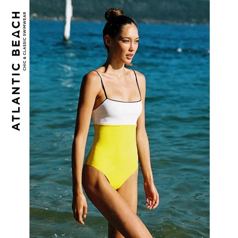 Conservative Double Color Splicing Square Collar One-piece Swimsuit