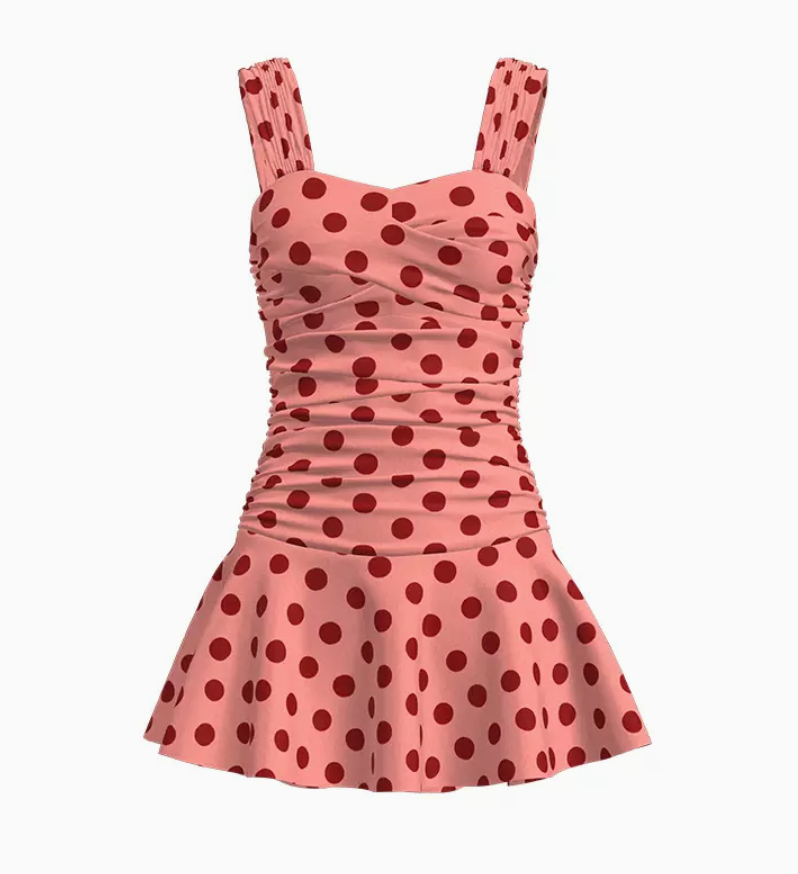 Atlantic Beach One Piece Retro Swimsuit With Skirt Cute Dot Swim Dress For Women M / Pink