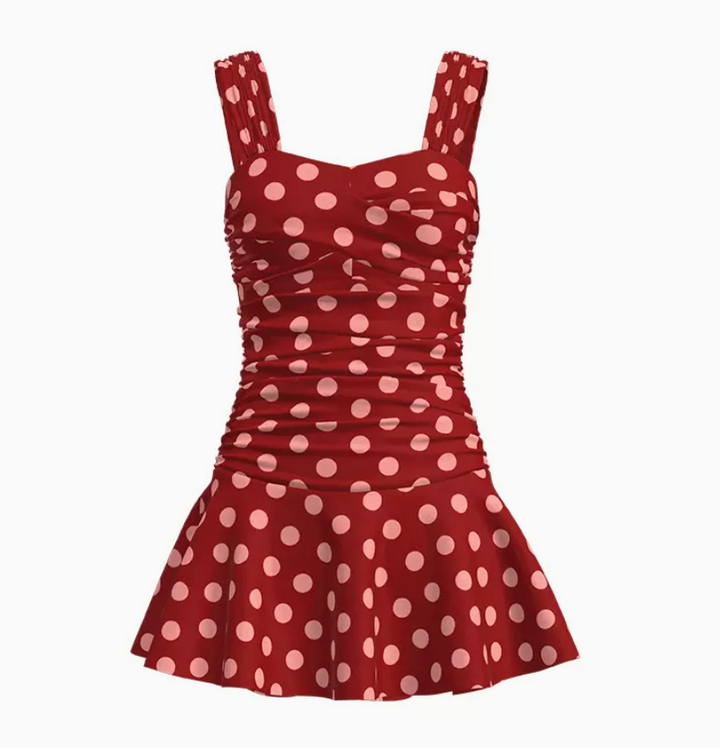 Atlantic Beach One Piece Retro Swimsuit With Skirt Cute Dot Swim Dress For Women M / Pink