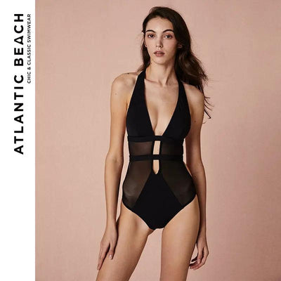 V Shape Chest Cut And Patchwork Sheer Low Back One-piece Swimsuit