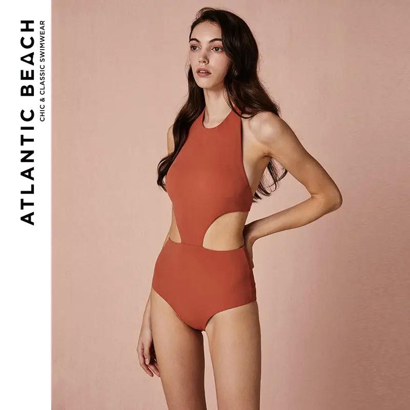 Retro Waist Hollow-out Cover Belly Cut Out One-piece Halter Swimsuit