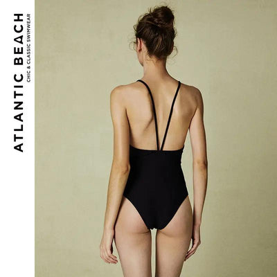 Retro Lace-up Backless One-piece Bikini Swimsuit Solid Color