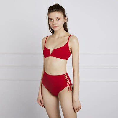 Romantic Strappy V-neck Split Swimsuit Two Piece Swimwear Bikini Set