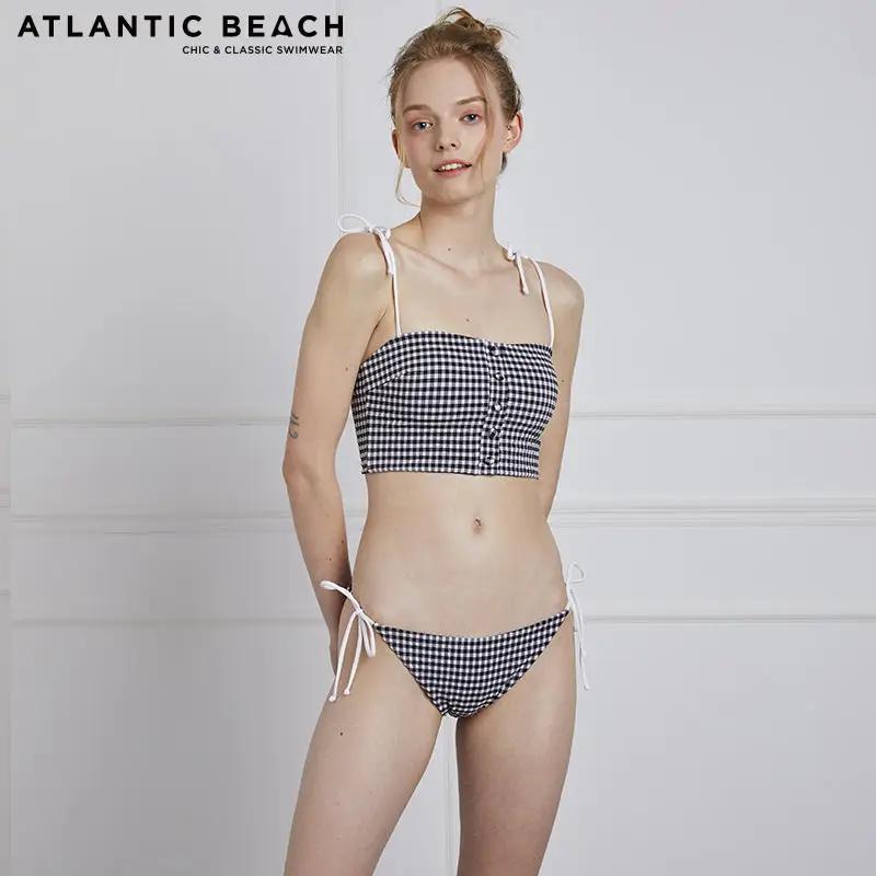 French Retro Check Button Split tankini Bikini Bottom Swimsuit