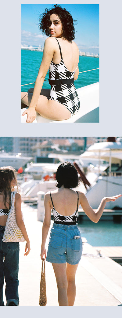 Atlantic Beach One Piece Backless Swimsuit Bathing Suit Black And White