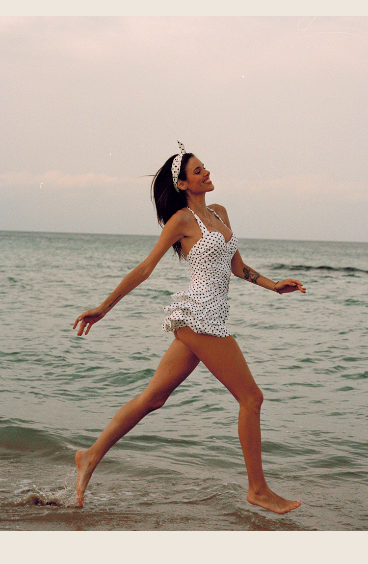 Atlantic Beach One Piece Halter Swimsuit With Skirt Black And White Dot Swimdress