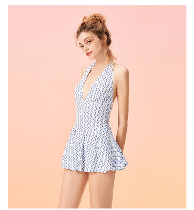 One Piece Halter Swimsuit With Skirt Fawn Ruffle Backless