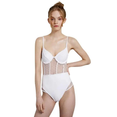 Polka Dot Net Yarn Retro White One-piece High Waisted Swimsuit