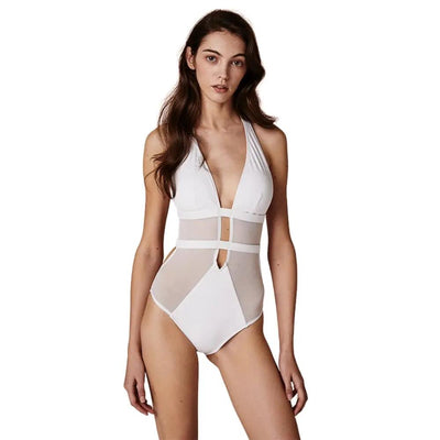 V Shape Chest Cut And Patchwork Sheer Low Back One-piece Swimsuit
