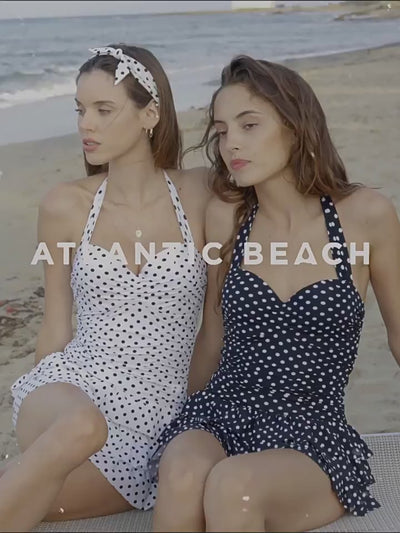Atlantic Beach One Piece Halter Swimsuit With Skirt Black And White Dot Swimdress