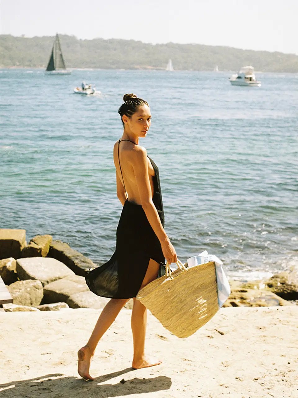 French Backless Black Casual Beach Dress